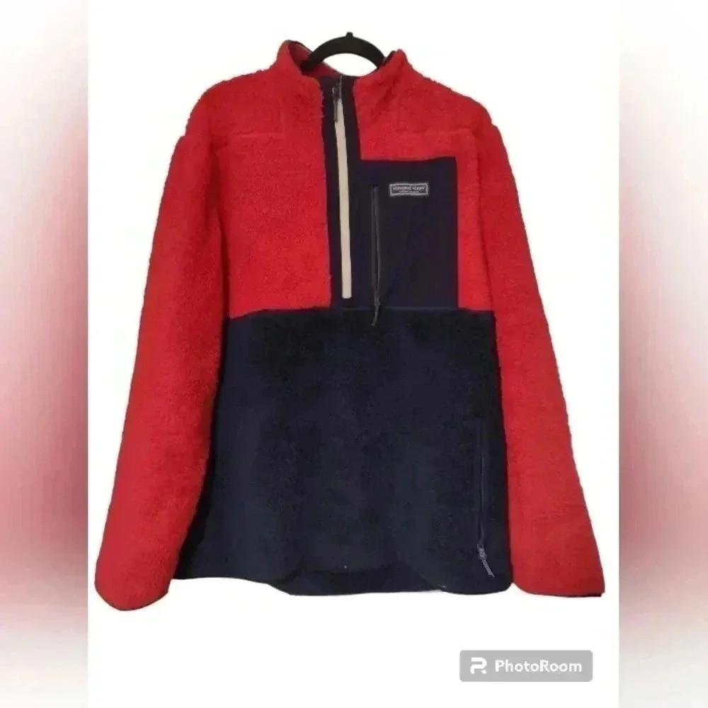 Vineyard Vines Mens Sherpa Super Shep Jacket Pullover 1/4 Zip Red Navy Blue
